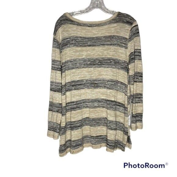 5/$25 Signature Studio Black Tan Striped Knit Scoop Neck Long Sleeve Sweater 1X - Picture 4 of 8